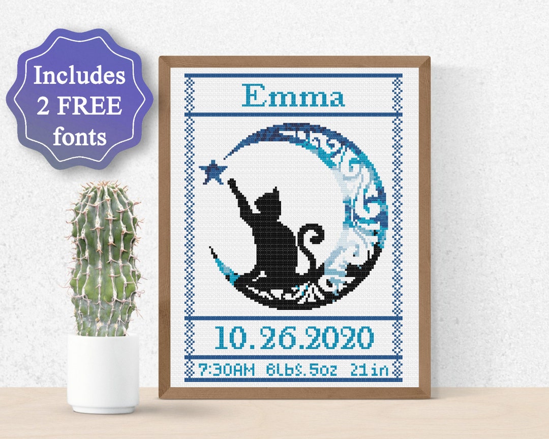 Baby Announcement Cat Cross Stitch Pattern , Moon Stars Nursery Girl