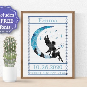 Baby Announcement Fairy Cross Stitch Pattern , Moon Nursery Boy Girl Cross Stitch , Customizable DIY Baby Birth Gift , Name Cross Stitch