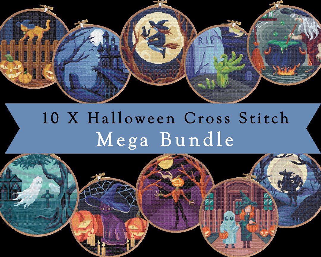 10 Halloween Cross Stitch Pattern Set , Easy Withcy Ghosts Bundle ...