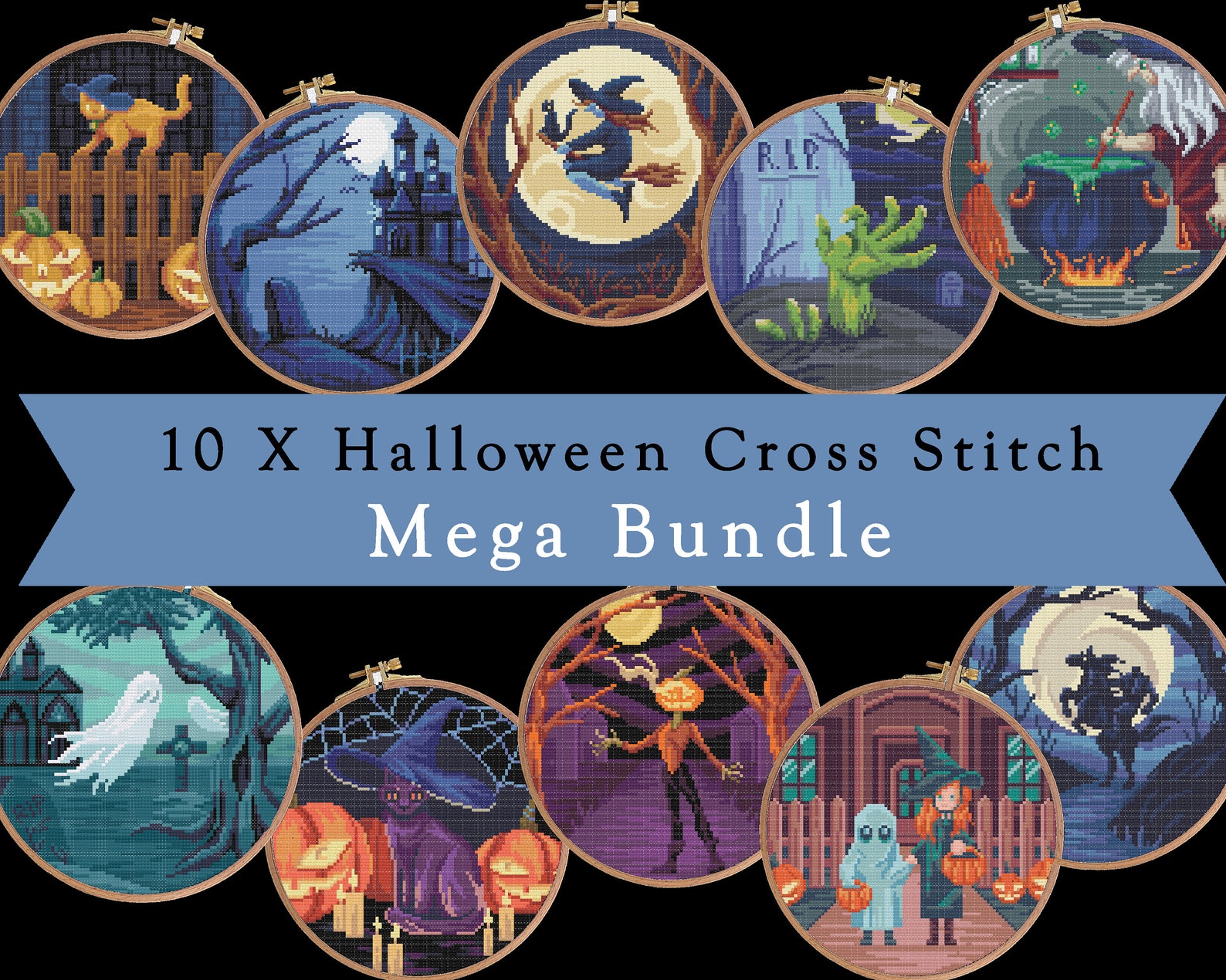 10 Halloween Cross Stitch Pattern Set Easy Withcy Ghosts - Etsy
