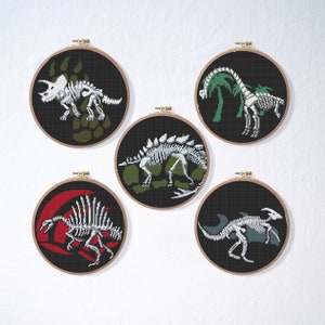 Skelett Dinosaurier Kreuzstich Muster Set | Goth Kreuzstich-Muster | Dino Kreuzstich Muster | Einfacher Kreuzstich Skull