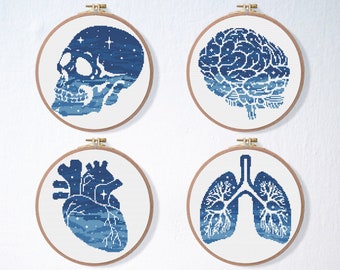 Anatomy Cross Stitch Pattern Set , Brain Skull Embroidery , Science Cross Stitch , Medical Cross Stitch , Galaxy Heart Body Parts Pattern