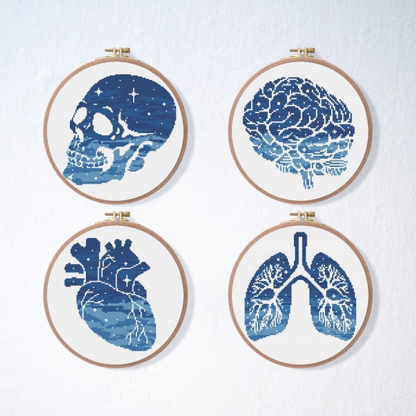 Anatomy Cross Stitch Pattern Set , Brain Skull Embroidery , Science Cross Stitch , Medical Cross Stitch , Galaxy Heart Body Parts Pattern