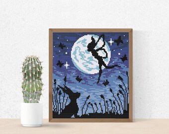 Fairy Cross Stitch Pattern, Rabbit Cross Stitch Pattern , Nursery Fairy tail Modern Stitch , Easy Night Star Embroidery , Animal Pattern