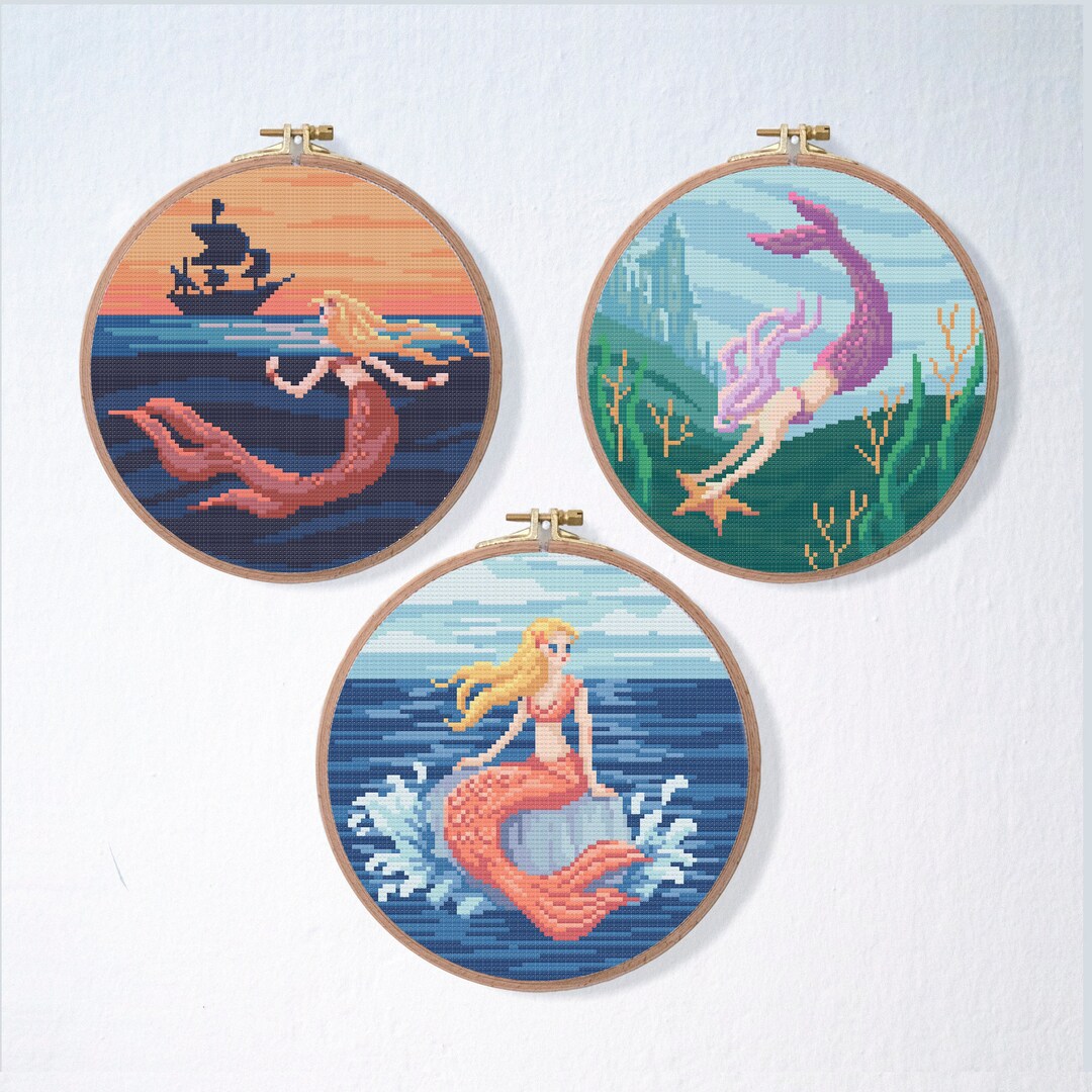 Mermaid Cross Stitch Pattern Set , Sea Ship Cross Stitch Pattern ...