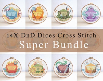 14 DND Dice Classes Cross Stitch Pattern Set , Game RPG Cross Stitch Bundle , Wizard Sorcerer Stitch , Warrior Paladin Pattern , Monk Cleric