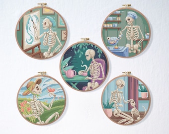 Skeletons Funny Cross Stitch Pattern Set | Gothic Halloween Cross Stitch Pattern | Spooky Creepy Witchy Cross Stitch Pattern