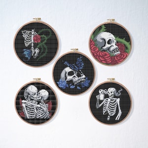 Skeleton Goth Cross Stitch Pattern Set | Skull Flower Cross Stitch Pattern | Funny Cross Stitch Pattern | Easy Cross Stitch Skeleton Couple