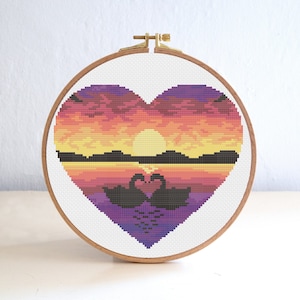 Patrón de punto de cruz de cisnes, patrón de costura de silueta de animal PDF, punto de cruz de amor de corazón fácil, patrón de lago de atardecer de paisaje de naturaleza