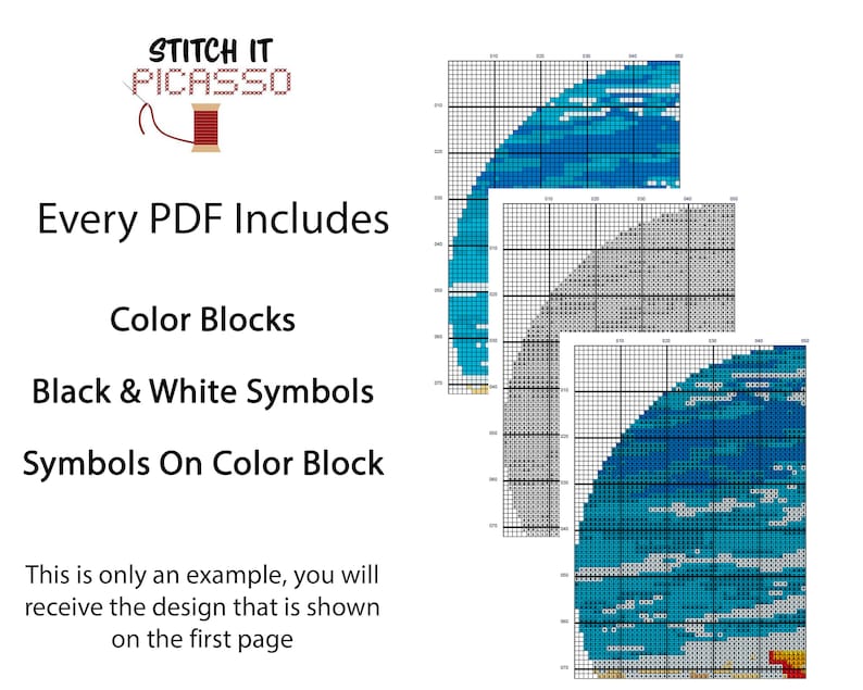 May include: A digital cross-stitch pattern for a blue and white abstract design. The pattern includes color blocks, black and white symbols, and symbols on color blocks. The text "Stitch It Picasso" is at the top of the image.