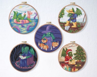 Cthulhu Funny Cross Stitch Pattern Set , Summer Monster Cross Stitch Pattern , Christmas Cross Stitch , Cthulhu Reading Funny Pattern