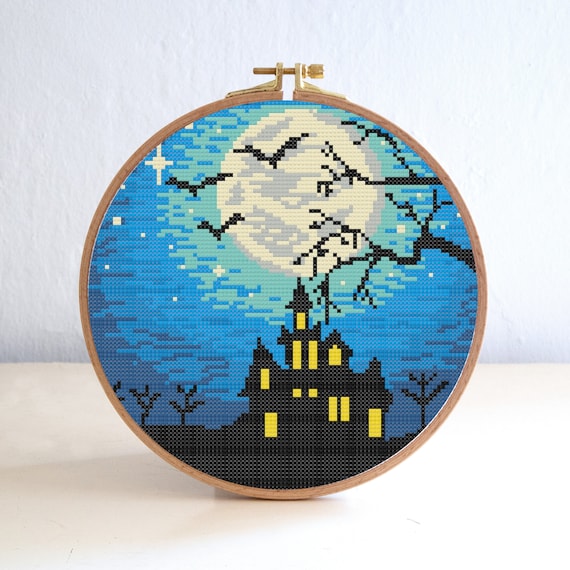 Haunted House Cross Stitch Pattern, Night Stars Cross Stitch Pattern , Holiday Modern Stitch , Easy Embroidery Round , Halloween Pattern