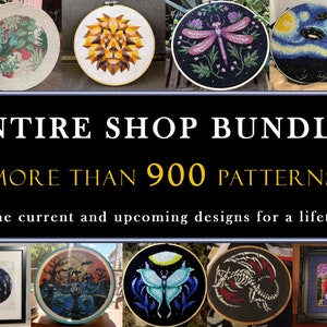 May include: A collage of images showcasing cross-stitch patterns. The text "ENTIRE SHOP BUNDLE! MORE THAN 900 PATTERNS all the current and upcoming designs for a lifetime!" is displayed in the center of the image.