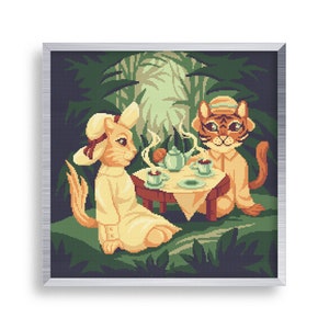 May include: Two cartoon cats, one orange and one white, are enjoying a spot of tea in a jungle setting. The orange cat is wearing a hat and the white cat is wearing a straw hat. They are seated at a table with a teapot and teacups.