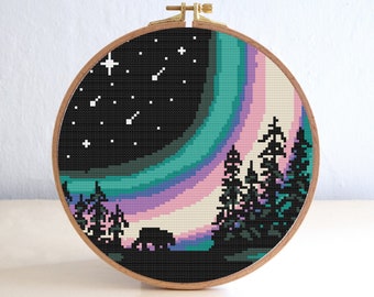 Bear Cross Stitch Pattern, Nature Silhouette Embroidery Pattern , Night Glow Cross Stitch , point de croix , Animal Forest Stitch Chart