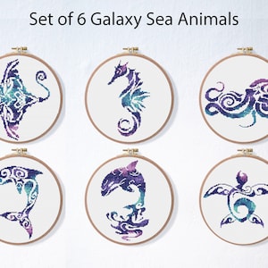 Sea Animals Cross Stitch Pattern Set , Octopus Galaxy Stars Pattern , Embroidery Fish Skate Bundle , Whale Dolphin Pattern , Ocean Turtle