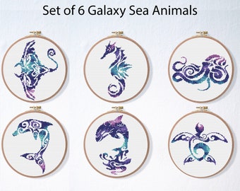 Sea Animals Cross Stitch Pattern Set , Octopus Galaxy Stars Pattern , Embroidery Fish Skate Bundle , Whale Dolphin Pattern , Ocean Turtle