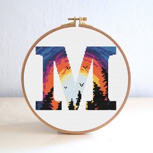 M Monogram Cross Stitch Pattern , Alphabet initial Letter Cross Stitch Pattern ,  Nature Modern Stitch , Wedding Embroidery Gift PDF