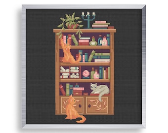 Cat Library Cross Stitch Pattern, Magic Cross Stitch Pattern , Books Cute Cross Stitch , Animal point de croix , Funny Pattern