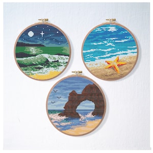 Ocean Cross Stitch Pattern Set , Beach Sea Star Cross Stitch Pattern , Roud Embroidery PDF , Cross Stitch Chart , Sea Wave Stitch Pattern