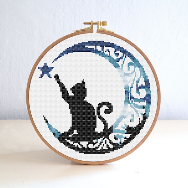 Cat Moon Silhouette Cross Stitch Pattern, Trees Cross Stitch Pattern , Landscape Stars Embroidery Round  , Pet Animal point de croix