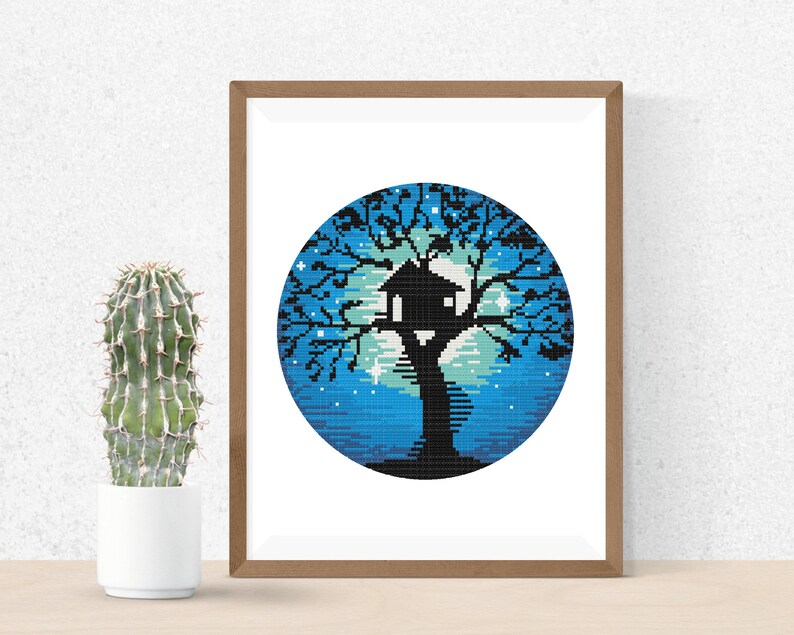 Night Stars Cross Stitch Pattern Nursery Modern Stitch Tree House Cross Stitch Pattern Home Decor Pattern Easy Embroidery Round
