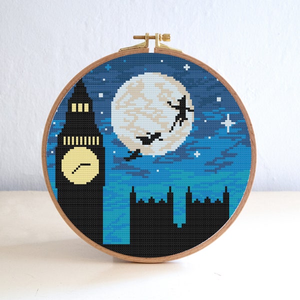 Peter Pan Cross Stitch Pattern, London Cross Stitch Pattern , Nursery Fairy tail Modern Stitch , Easy Night Star Embroidery , Anime Pattern