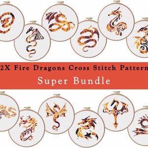 12 Fire Dragons Cross Stitch Pattern Set , Small Animal Anime Dragon Cross Stitch Pattern Pack , Fantasy Flame Silhouette Embroidery