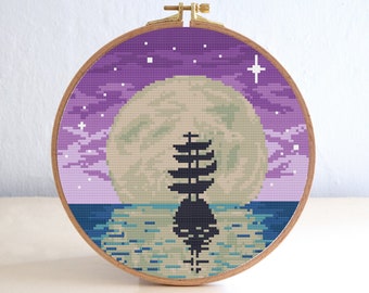 Pirate Ship Cross Stitch Pattern , Ocean Cross Stitch Pattern , Roud Embroidery PDF , Moon Stars Cross Stitch , Sea Wave Stitch Pattern