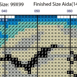 May include: A cross stitch pattern chart with a count size of 99x99. The chart shows a design with blue, white, and gray colors. The finished size of the project is 7.1 inches by 7.1 inches.