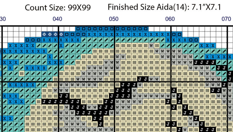 May include: A cross stitch pattern chart with a count size of 99x99. The chart shows a design with blue, white, and gray colors. The finished size of the project is 7.1 inches by 7.1 inches.