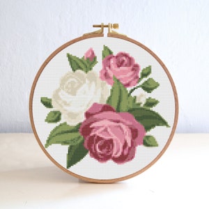 Patrón de punto de cruz de flores / Patrón de primavera / Patrón PDF de bordado redondo / Gráfico de punto de cruz de naturaleza / Patrón de punto de rosa rosa y blanco