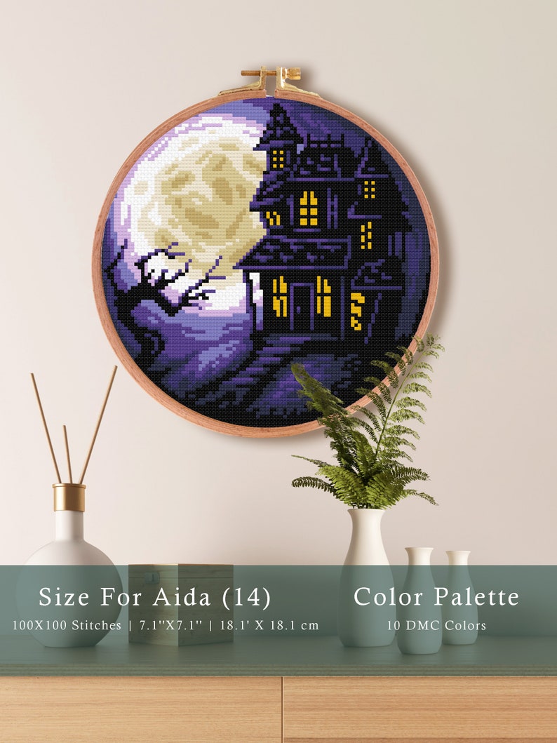 Halloween Haunted House Cross Stitch Pattern, Moon Night Stars Pattern ...