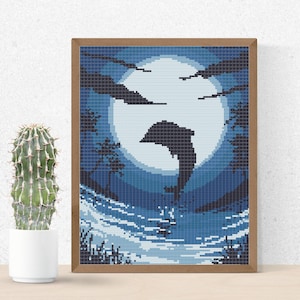 Delfin Kreuzstich Muster, Meer Tier Silhouette Handarbeit PDF, Easy Heart Love Kreuzstich, Natur Landschaft Ozean Muster