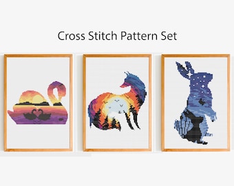 Fox Cross Stitch Pattern, Animal Rabbit Silhouette , Sunset Swan Nature Cross Stitch Pattern , Forest Night , Beginner Modern Stars Stitch