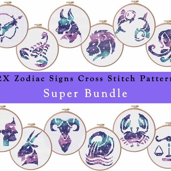 Zodiac Sign Silhouette Cross Stitch Pattern Set , Astrology Galaxy Cross Stitch Pattern Pack , Moon Stars Embroidery , point de croix