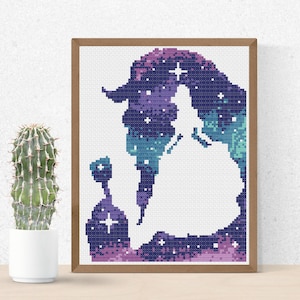 Schema punto croce principessa, schema punto croce silhouette animale, ricamo per principianti Fairy Tail, stelle galattiche, asilo nido point de croix