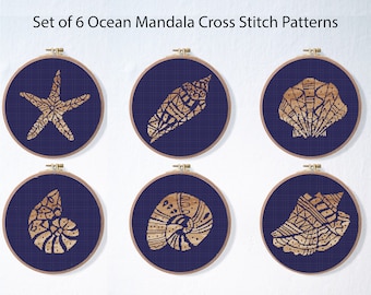 Mandala Sea Shell Cross Stitch Pattern Set, Beach Cross Stitch Pattern Pack, Pearl Cross Stitch Bundle, Ocean Embroidery Beginner Pattern