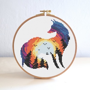 Motif de point de croix renard, Silhouette animale, coucher de soleil forêt Nature motif de point de croix, oiseaux ciel nuit, point d’arbres modernes débutant