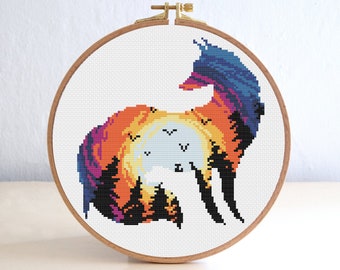 Fox Cross Stitch Pattern, Animal Silhouette , Sunset Forest Nature Cross Stitch Pattern , Birds Sky Night , Beginner Modern Trees Stitch
