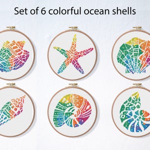 Mandala-snäckskalskorsstygnsmönsterset, strandkorsstygnsmönsterpaket, pärlkorsstygnspaket, havsbroderi för nybörjare