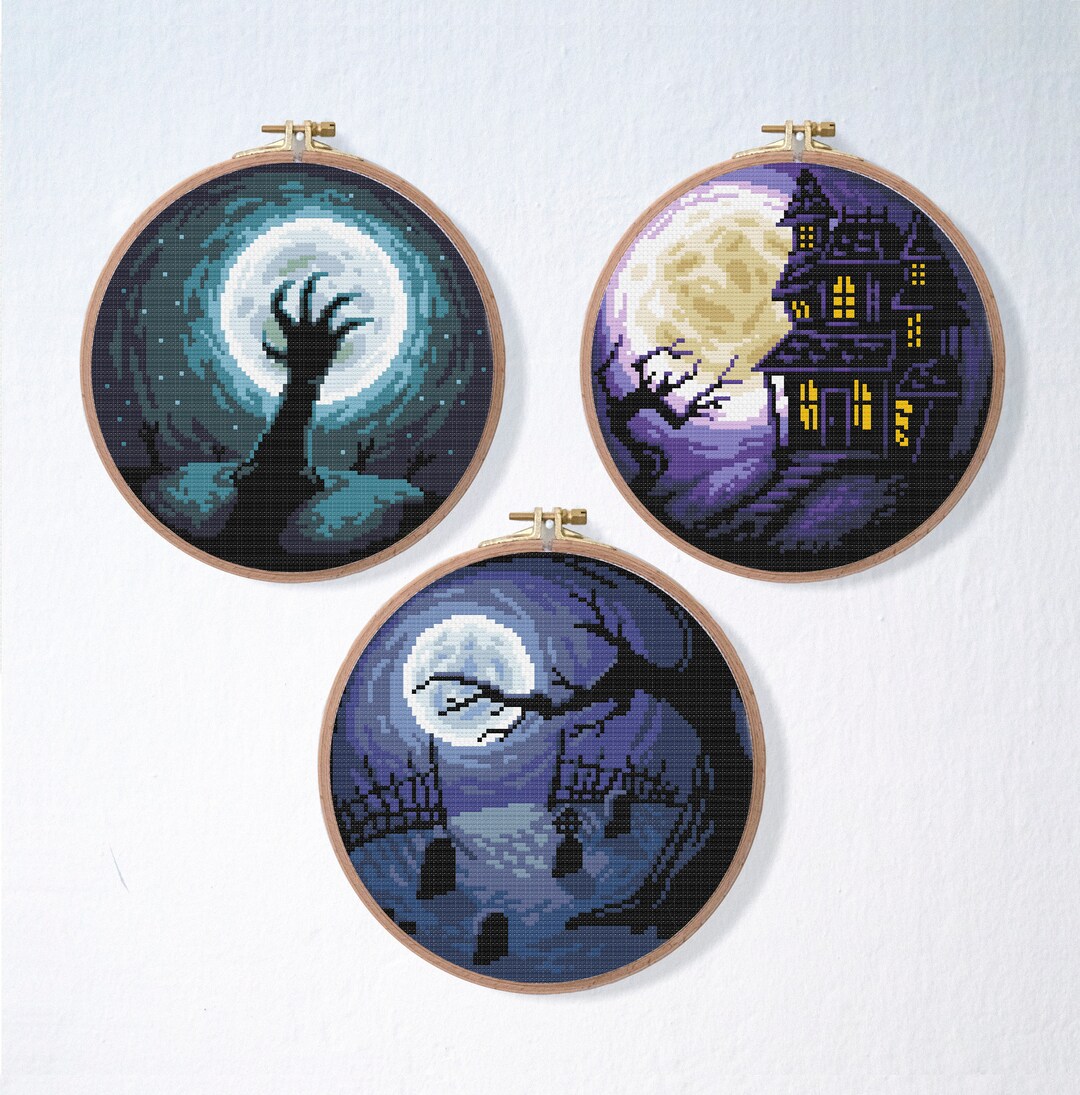 Halloween Haunted House Cross Stitch Pattern Set , Moon Night Star ...