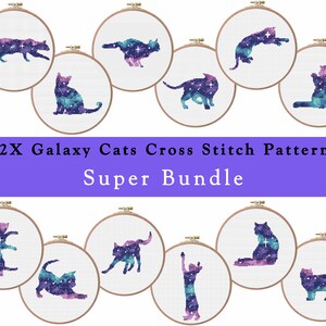 12 Galaxy Katze Silhouette Kreuzstich Muster Set, Tier Sterne Kreuzstich Muster Bündel , Haustier Galaxy Point de croix , Einfache Stickerei