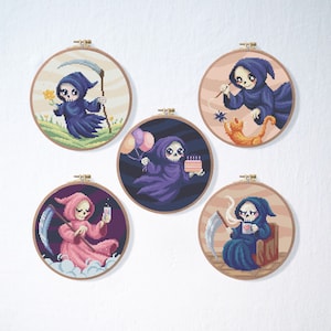 Grim Reaper Funny Cross Stitch Pattern Set | Cute Halloween Cross Stitch Pattern | Spooky Creepy Witchy Cross Stitch Pattern