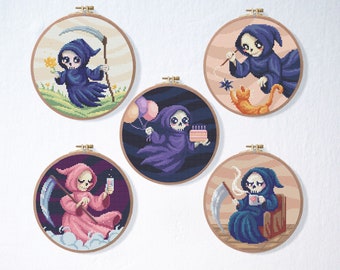 Grim Reaper Funny Cross Stitch Pattern Set | Cute Halloween Cross Stitch Pattern | Spooky Creepy Witchy Cross Stitch Pattern