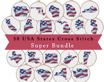 May include: A set of 50 cross stitch patterns featuring the outlines of each US state with an American flag design. The patterns are arranged in a circle with the text "50 USA States Cross Stitch Super Bundle" at the top.