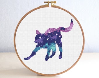 Galaxy Cat Cross Stitch Pattern, Animal Silhouette Cross Stitch PDF , Beginner Embroidery Stars , Easy Nursery point de croix , Pet Pattern