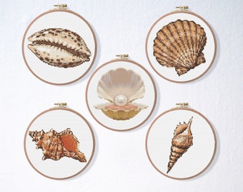 Sea Shell Cross Stitch Pattern Set , Beach Ocean Cross Stitch Pattern , Roud Embroidery , Pearl Cross Stitch Bundle , Beginner Pattern