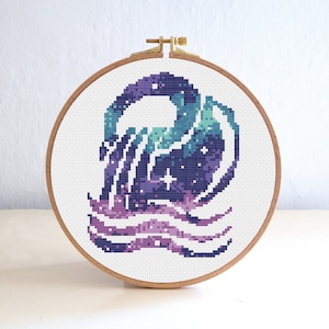 Aquarius Zodiac Sign Cross Stitch Pattern, Astrology Galaxy Cross Stitch Pattern, Silhouette Moon Stars Embroidery, point de croix