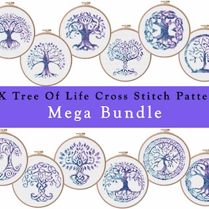 May include: Twelve cross stitch patterns featuring different variations of a tree of life design. The patterns are in a watercolour style with shades of blue and purple.
